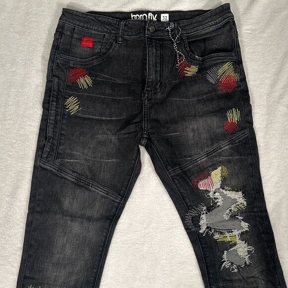 Born Fly Men's Black Jeans with Red and Yellow Accent Stitching! Size 32 - Picture 1 of 6